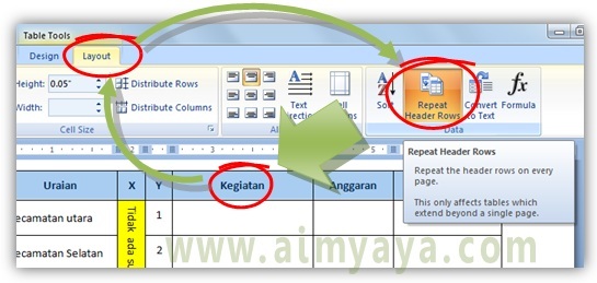  Gambar: cara membuat header row tabel dimunculkan di semua awal halaman microsoft word