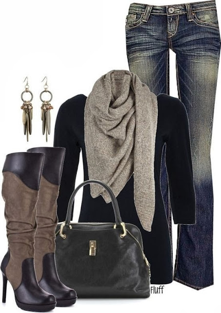 Grey scarf, black blouse, jeans, long neck boots and handbag for fall