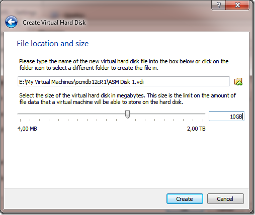 Create VM Add Hard Hard Disk ASM Data Location and Size