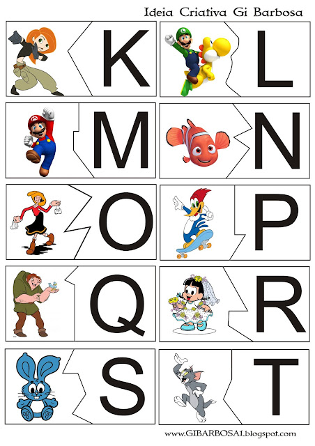 Alfabeto de Personagens Infantis para recortar e montar