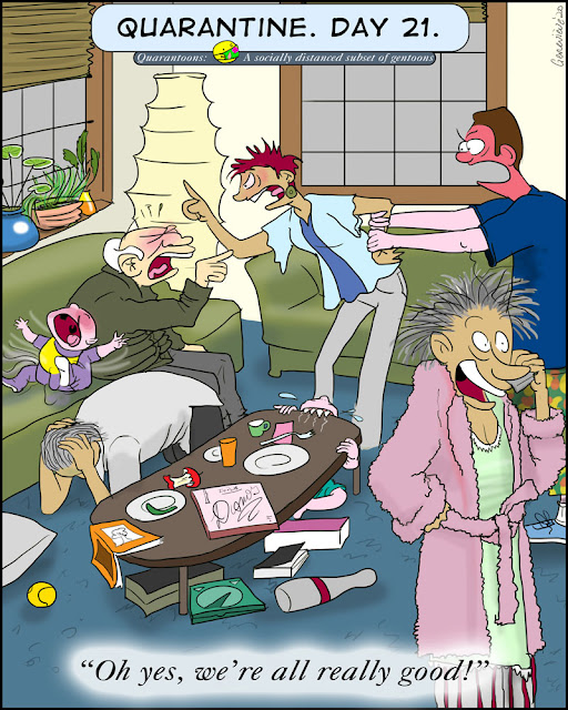 Family of  five adults and two kids in a small messy apartment. three adults are having a shouting match, one is on his knees covering his head. the baby is screaming on the couch. the toddler is chewing on the coffee table. and in the foreground a frazzled lady in rumpled pink bathrobe and pajamas says into the cellphone:  "Oh yes, we're all really good!"