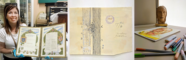 This is an image that contains three photos pasted together. The first image on the left is a portrait of Dawn Hunter holding Cajal's Nobel Prize, the middle image is an original scientific drawing of Cajal's, and the last image on the right is Dawn Hunter's research desk at the Legado Cajal, Madrid, Spain. There are markers in the foreground, a sketch of Dawn Hunter's in the middle, and Cajal's original death mask mold in the background.