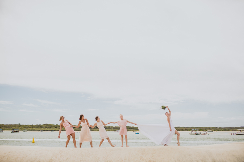 funny shot of bride and bridesmaids