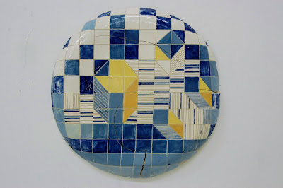Modern artwork, geometric composition, contemporary character, blue colours, ceramic white clay