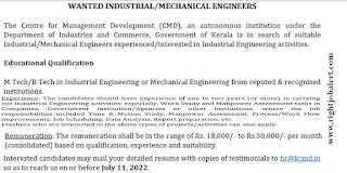 M Tech/B Tech Industrial Engineering or Mechanical Engineering Jobs in CMD Kerala