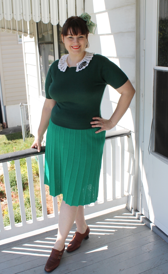 1930-40s style knit outfit with crochet collar and art deco celluloid brooch