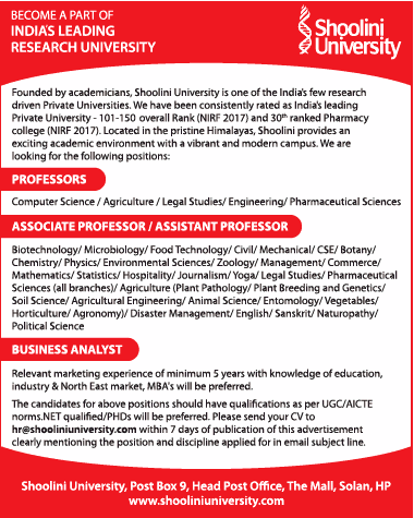 Assistant Professor / Associate Prof / Professor (Legal Studies) at Shoolini University, HP - last date 09/01/2019