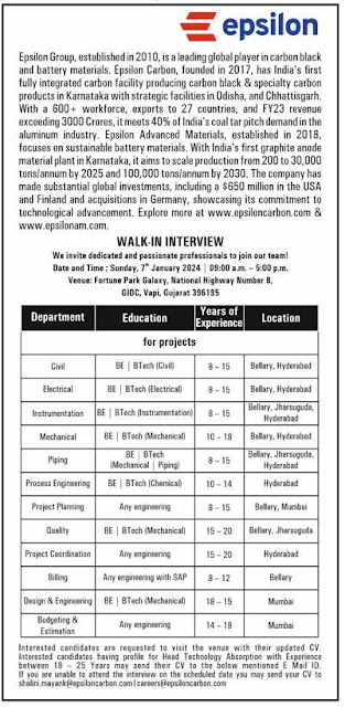 Epsilon Group Walk in Interview For Process/ Project/ Quality/ Instrumentation/ Civil/ Mechanical/ Electrical/ Design