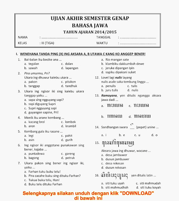 Download Soal  UKK UAS Genap Bahasa  Jawa  Kelas  3 Semester 