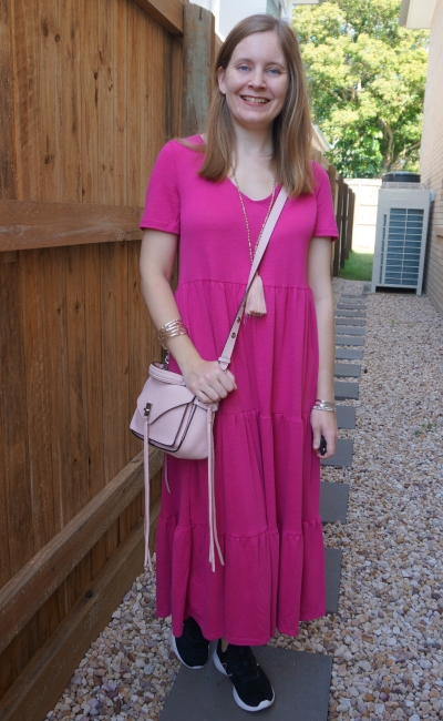 monochrome outfit with Kmart short sleeve tiered jersey dress in Fuchsia blush pink pastel accessories rebecca minkoff darren bag | awayfromblue