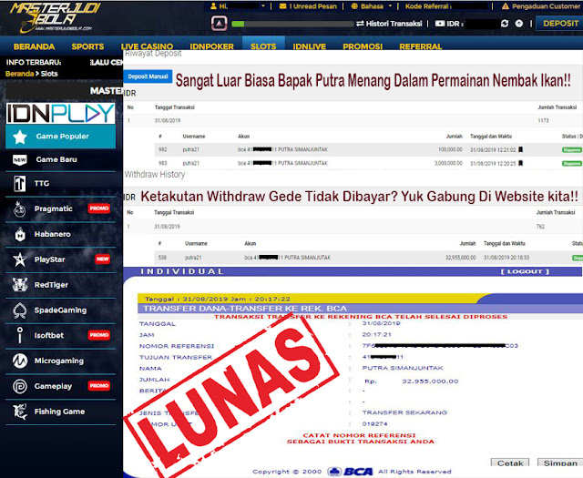 Bukti withdraw dalam permainan tembak ikan bapak Putra Simanjuntak sebesar rp 32,955,000.00