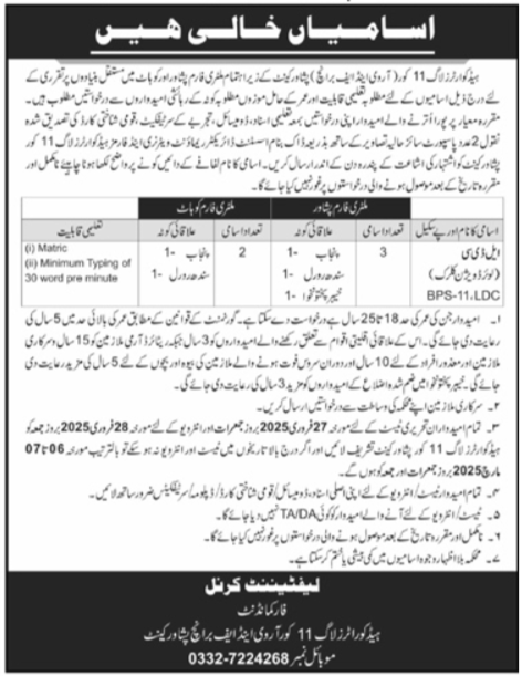 Headquarters Peshawar Log Area Jobs 2025 - Lower Division Clerk (LDC) and More