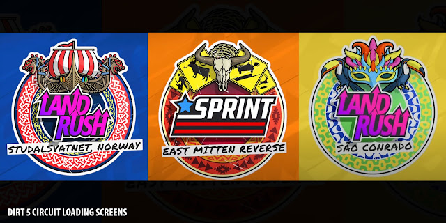 Three distinct event logos from DIRT 5 loading screens: a Viking-themed Land Rush for Norway, a steer skull Sprint logo for East Mitten Reverse, and a Brazilian Carnival mask Land Rush logo for Sao Conrado.