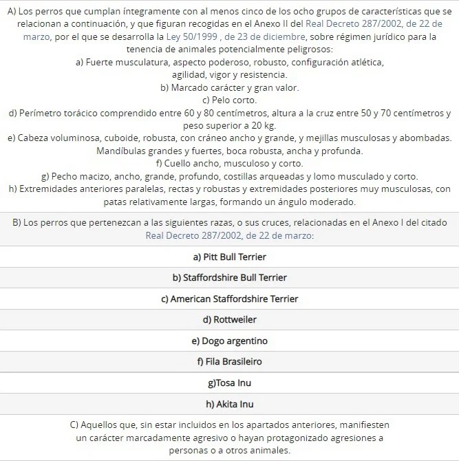 Tabla descriptiva (Decreto 30/2018 sobre tenencia de Animales Potencialmente Peligrosos de Canarias).