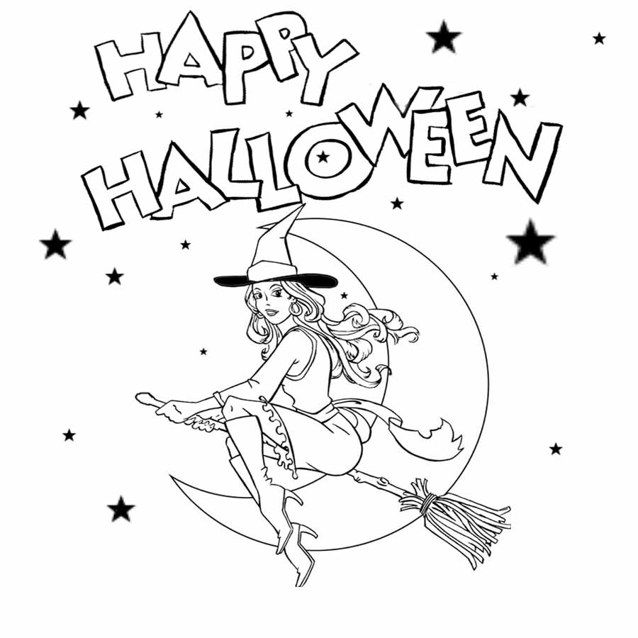 Free Halloween printable pictures for kids to color witch flying on a star and moon magic