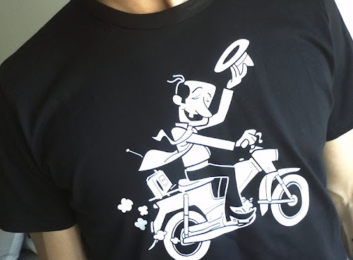 Old man driving a Pappa-Tunturi moped t-shirt print