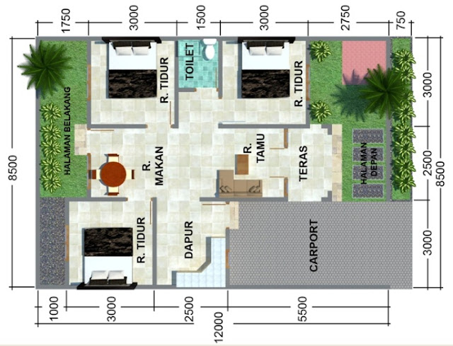 Denah Rumah Minimalis 3 Kamar Tidur