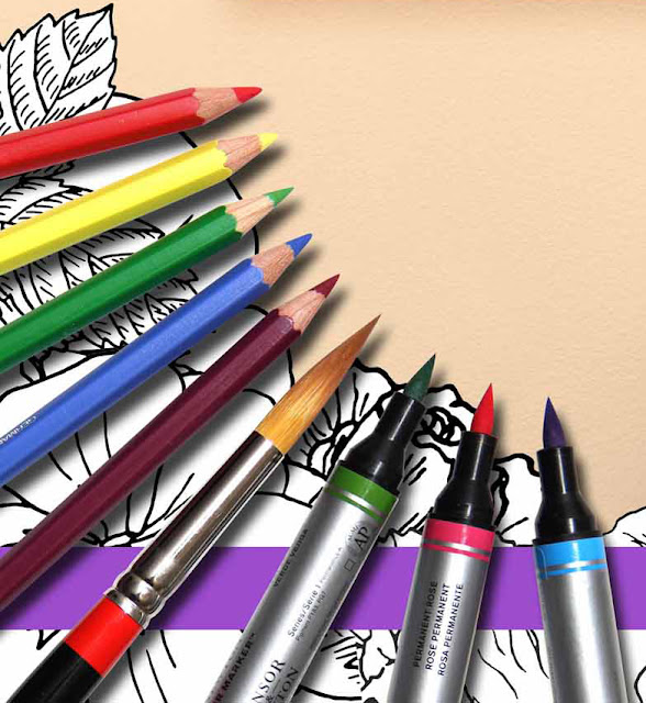 Photo of Pencils Brushes Markers on Coloring Book Flowers