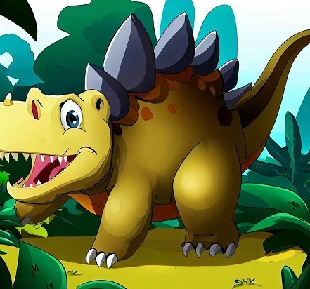 Stegosaurus Secrets: Discovering Dinosaur Defenses. Animatronic Stegosaurus standing in a prehistoric-themed camp.