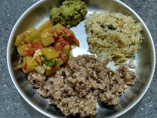 Hand pounded boiled rice  with Black gram sprouts,  Cabbage poriyal, Bottle gourd sambhar,  Mint Coriander Chutney