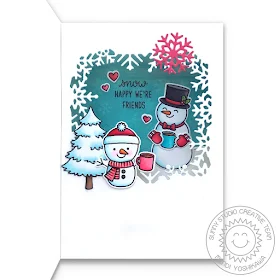 Sunny Studio: Feeling Frosty Snowman Holiday Pop-up Shadow Box Christmas Card (using Layered Snowflake Frame Dies, Seasonal Trees Stamps & Holiday Cheer 6x6 Paper)