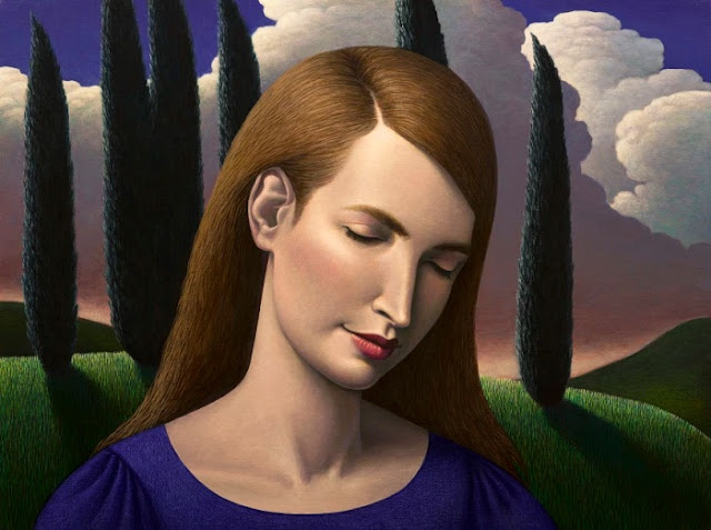 Obra de arte, pintura contemporánea: retrato de ensueño de una mujer, al fondo el un hermoso valle. Cool picture.