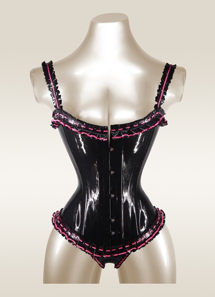 Black with Hot Pink Ruffle Latex Corset 495 by Oolalatex