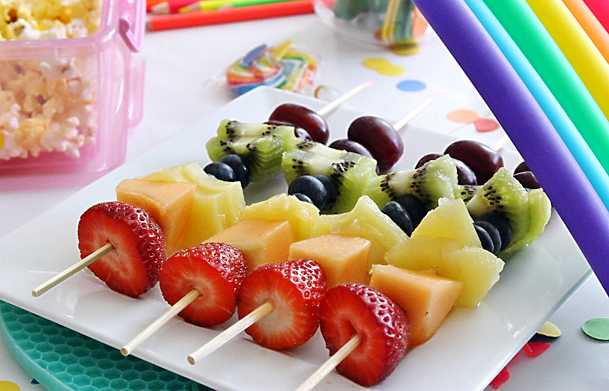 Rainbow fruit skewers.