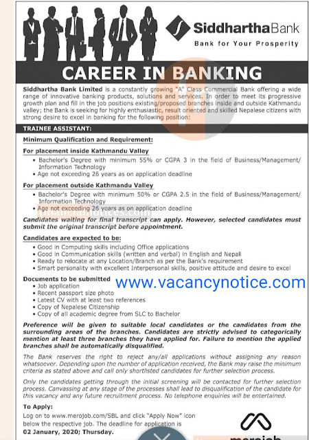 Siddhartha Bank Job Vacancy 2019