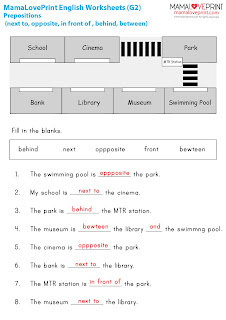MamaLovePrint . Grade 2 English Worksheets . Basic Grammar (Preposition of place - in, on, at, next to, in front of, between, behind, opposite) PDF Free Download