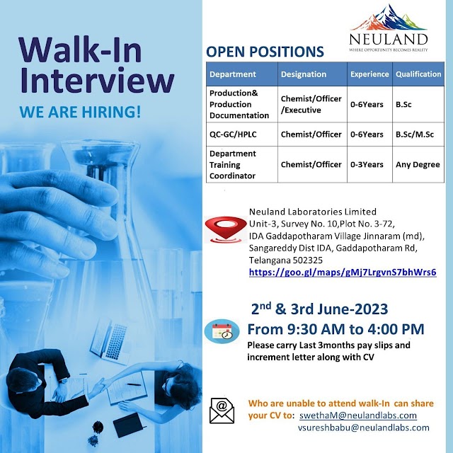 Neuland Laboratories | Walk-in interview for Freshers and Experienced on 2nd & 3rd June 2023