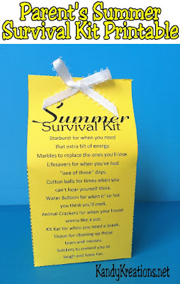 Are you ready for summer? Be sure that all your mom friends are with this printable Parent summer survival kit.  You'll give them a smile, and a few treats, with this fun survival kit to help you kick off summer with the kids.