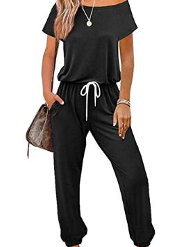 Tiptopshoppin Summer Jumpsuits for Women Off Shoulder Short Sleeve Casual Loose Soild Drawstring Waist Romper with Pockets