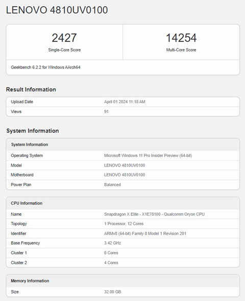 Snapdragon X Elite Lenovo benchmark