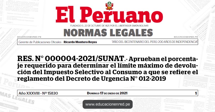 RES. N° 000004-2021/SUNAT.- Aprueban el porcentaje requerido para determinar el límite máximo de devolución del Impuesto Selectivo al Consumo a que se refiere el reglamento del Decreto de Urgencia N° 012-2019