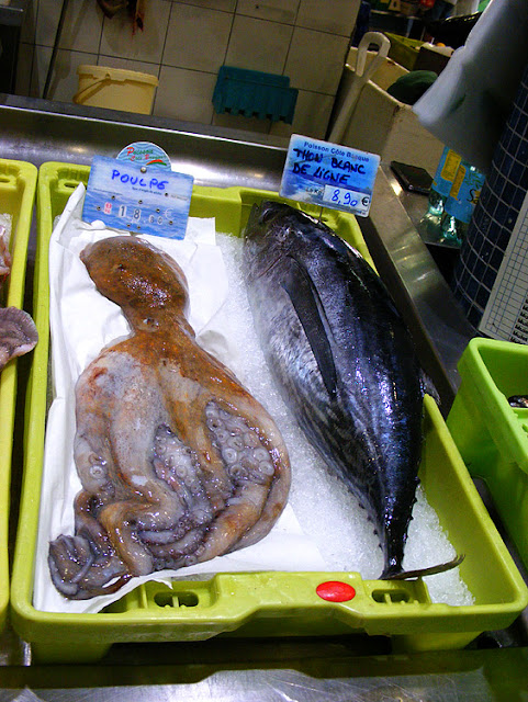 Octopus (Fr. poulpe) and line caught albacore tuna (Fr. thon blanc) at the fish market, Saint Jean de Luz. Pyrenees-Atlantiques. France. Photographed by Susan Walter. Tour the Loire Valley with a classic car and a private guide.