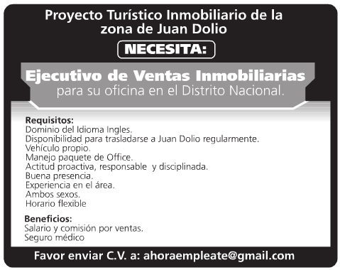 Empleo Proyecto Turístico Inmobiliario zona Juan Dolio Solicita Ejecutivo de Ventas 