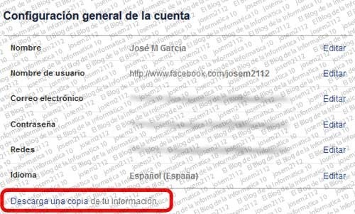 Copia de seguridad de Facebook - configuración general de la cuenta