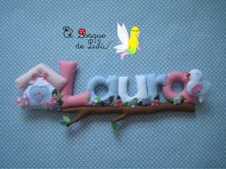 nombre-fieltro-Laura-elbosquedelulu-felt-feltro-name-banner-regalo-nacimiento-decoración-infantil-baby-room-casita-pájaritos