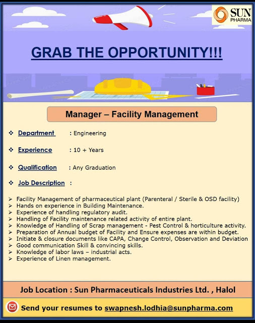 Sun Pharma Hiring For Manager - Facility Management