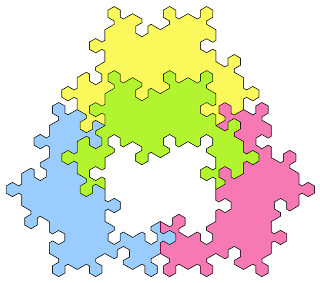 Congruent jigsaw puzzle pieces with 10 tabs and 8 blanks make this tetrad with a hole.