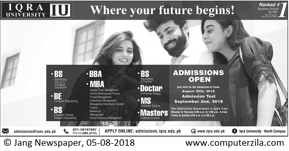 Admissions Open For Fall 2018 At IQRA Karachi Campus