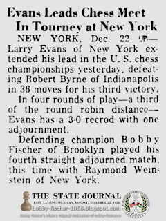 Evans Leads Chess Meet In Tourney at New York; Bobby Fischer Plays Fourth Adjourned Match