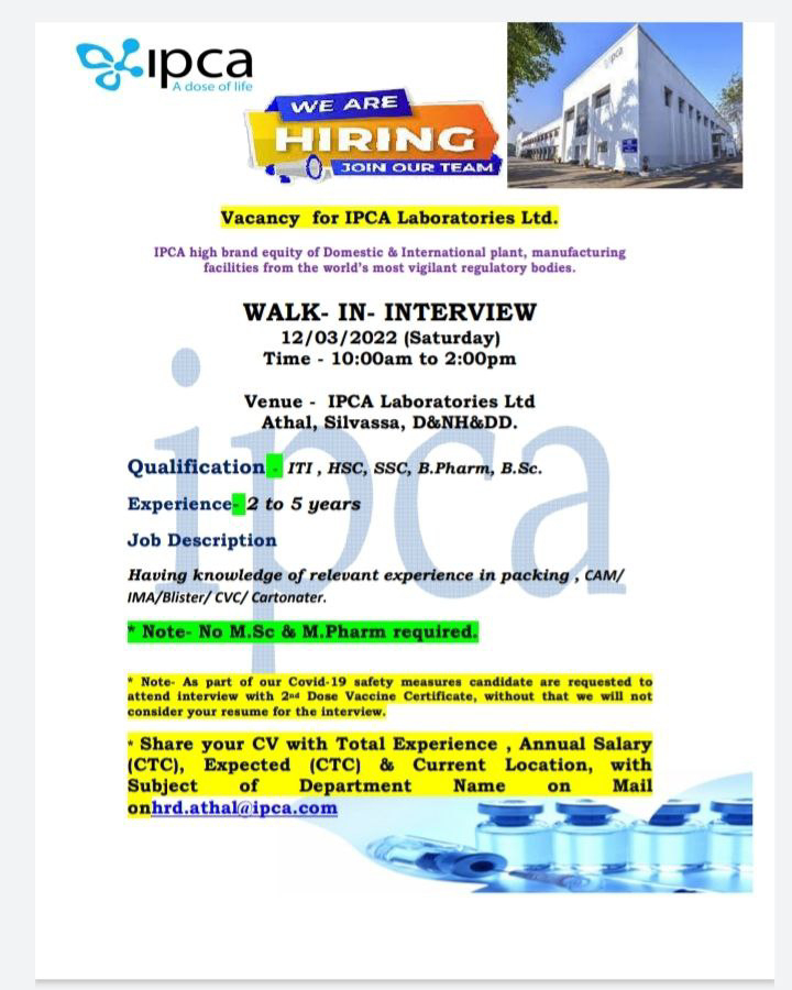 Job Availables,IPCA Laboratories Ltd. Walk-In-Interview For B.Pharm/ BSc/ ITI