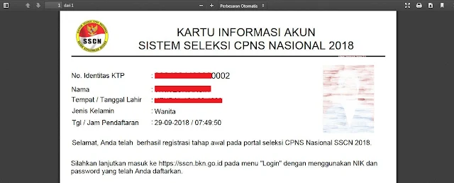 kartu peserta seleksi cpns tahun 2018