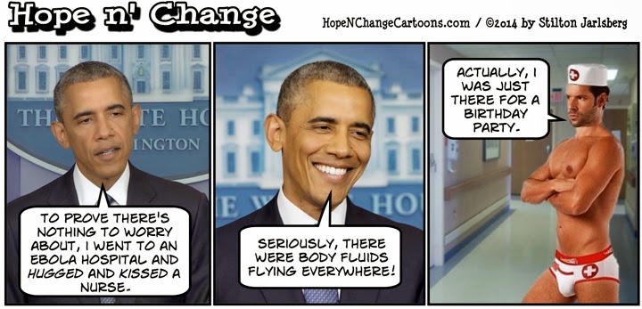 obama, obama jokes, cartoon, political, humor, conservative, stilton jarlsberg, hope n' change, hope and change, ebola, nurses, hug, kiss, cdc