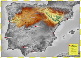 Situación de la Sierra de Atapuerca entre las cuencas del Duero )izquierda) y del Ebro (derecha) - Al final del texto veréis las referencias oportunas a las fuentes de las que he sacado los mapas originales (en Wikipedia) por deferencia hacia sus respectivos autores