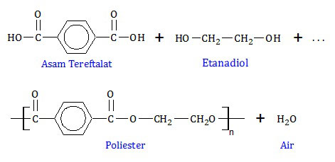 polimerisasi poliester, dakron, tetoron dari asam tereftalat dan etanadiol