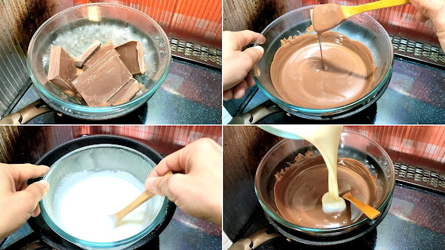 湯せんにチョコレートをかけ、かたまりがなくなるまで溶かしたら、一旦火からおろし、今度は生クリームを温めてひと肌程度まで温めます。 溶かしチョコレートを戻し、生クリームを注いで混ぜ、均一の色になるまで湯せんにかけながら混ぜます。