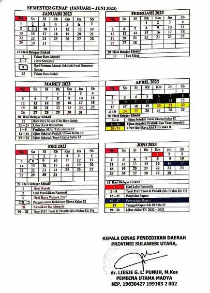Kalender Pendidikan Provinsi Sulawesi Utara (Sulut) Tahun Pelajaran 2022/2023